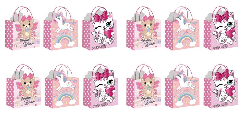 x12-Piece Kids Love Pink Style Gift Bags Set - 23 × 23 × 12cm.