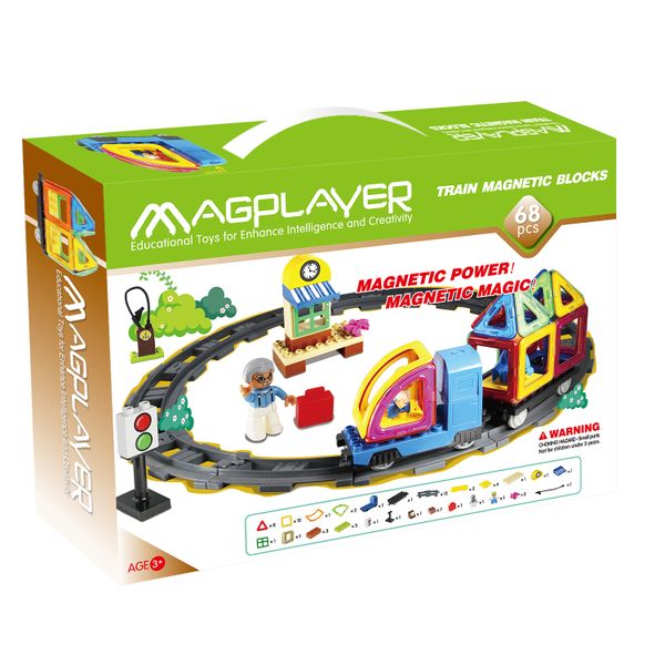 Magplayer Magnetic Shapes 68 Piece Train Set with Building Blocks