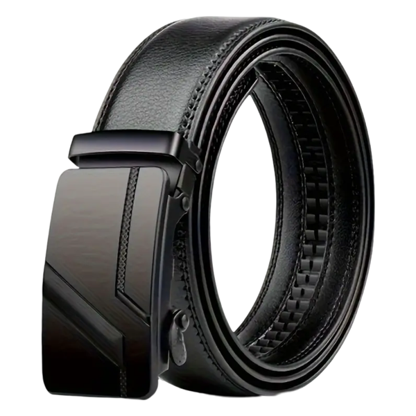 120cm Black Leather Ratchet Belt &amp; Abstract Stipes Auto Buckle