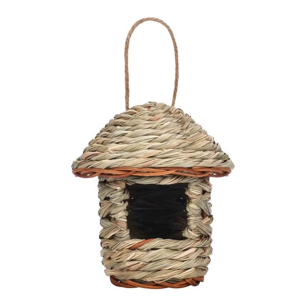 Handwoven Hanging Straw Bird Feeder House with Rope Loop (17cm)
