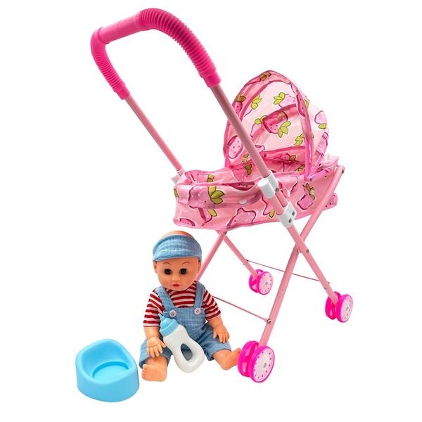 33cm Crying Baby Doll Combo with Hooded Pram/Stroller &amp; Accessories