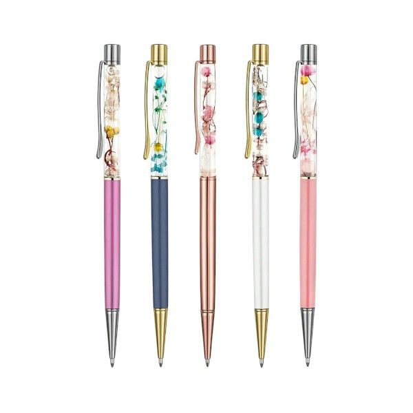5 Piece -Metal Twist Pen With Real Dry Flowers &amp; Liquid Feature -Multicolor