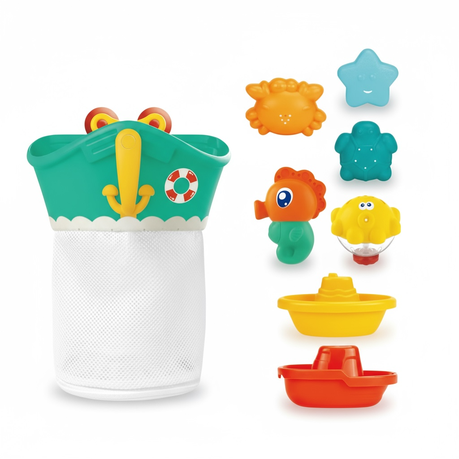 8-Piece Ocean Friends Bath Toy Set with Hanging Storage Basket Image