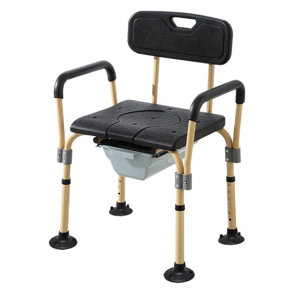Aluminium Commode &amp; Shower Chair - Adjustable with Wooden Finish