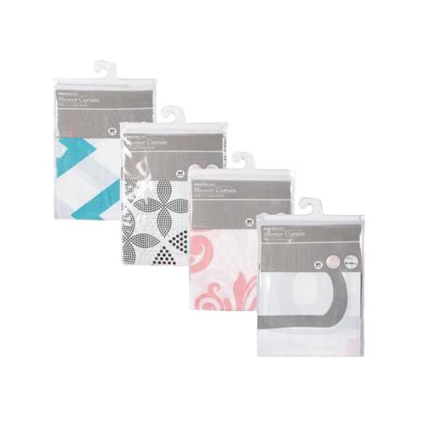Healthglow Homeware - Assorted Shower Curtains with Hooks 180cm - Set of 4