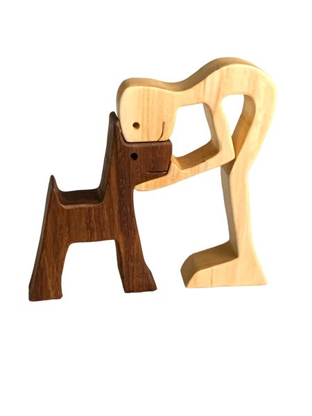 Hand-carved Wooden Dog and Man Sculpture