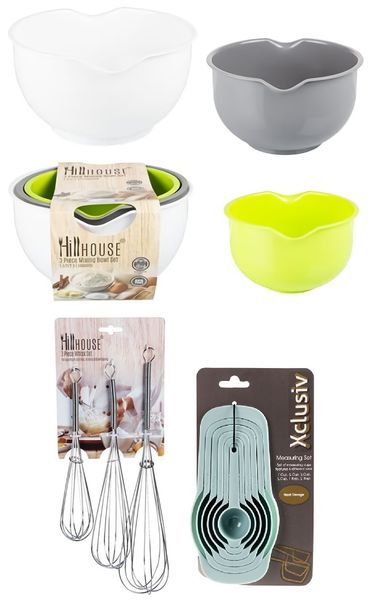 Measuring Set 6pc Stackable + 3pc Mixing Bowls Set Plastic 1.5l/2l/2.5l + 3pc Whisk 30, 25 &amp; 20cm