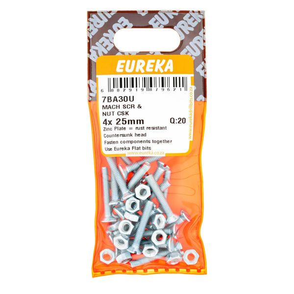 EUREKA Machine Screw &amp; Nut Countersunk 4 x 25mm Q:20 7BA30U