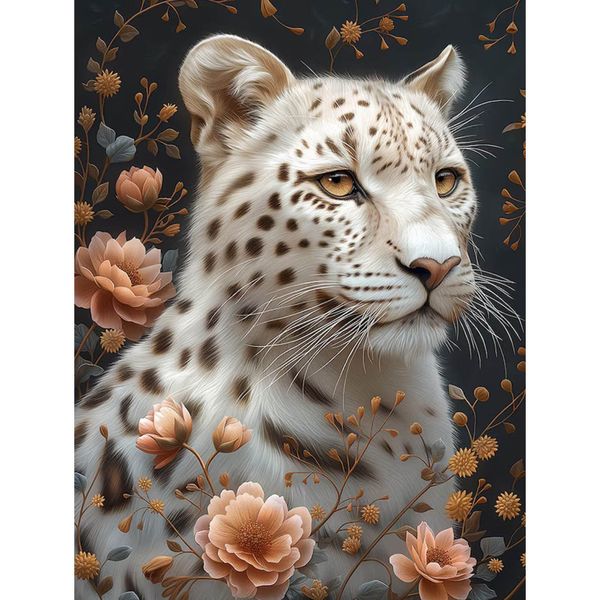 Snow Leopard Diamond Painting Kit: 5D Full Drill, Floral Fantasy