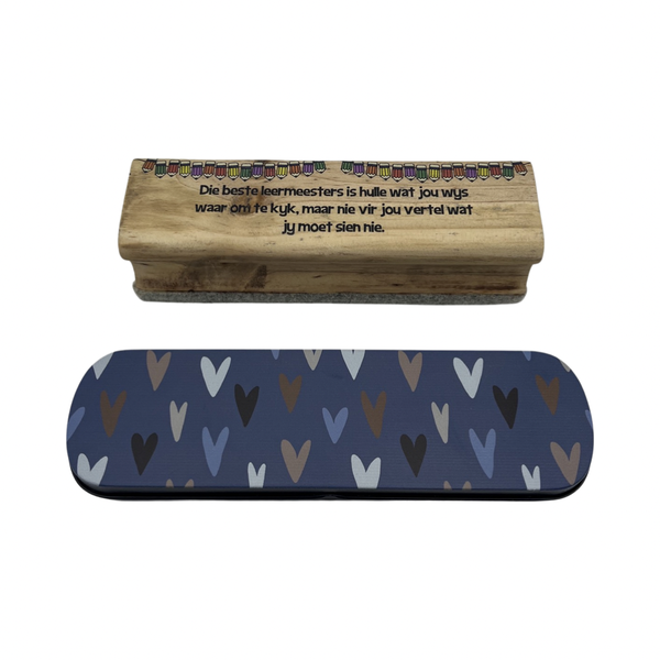 Whiteboard Eraser Afrikaans saying plus Blue Pen holder