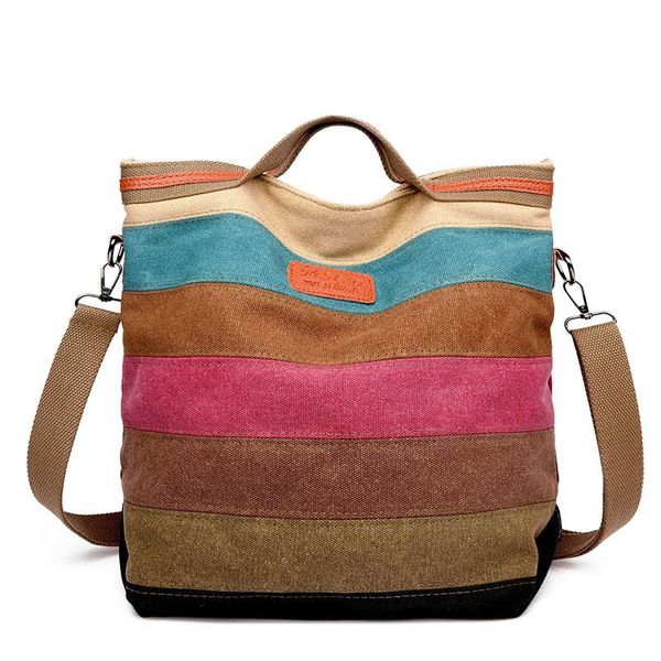Rainbow Color Bar Stitching Large-Capacity Canvas Portable Shoulder Bag