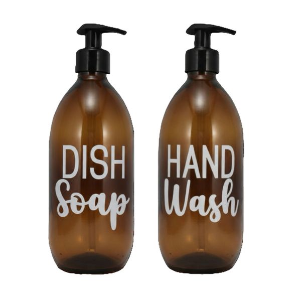 Refillable Amber Glass Dish Soap &amp; Hand Wash Dispenser Set 500ml - 2 Pack