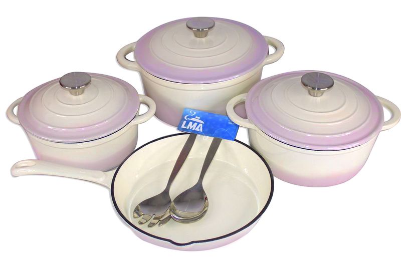 Two-Tone 7 Piece Cast Iron Cookware Set &amp; 2 LMA Serving Spoons - Cream