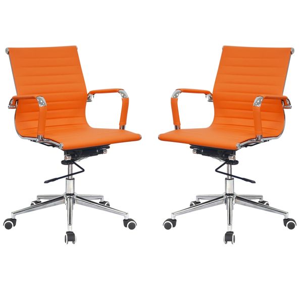 Ribbed PU Leather Medium Back Office Chairs-Set of 2 Per Box-Orange