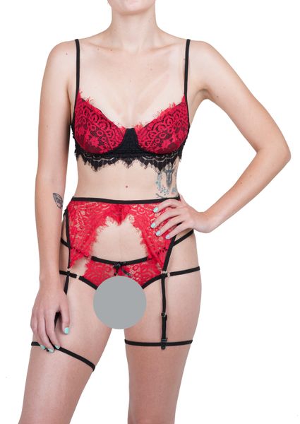 ULC Madrid Balconette Lingerie Set with Garter - Red and Black