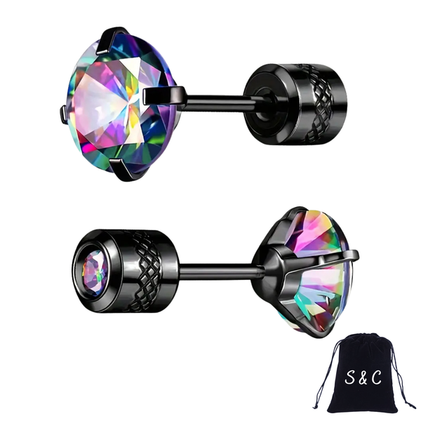 S &amp; C Twin-Sided 4 Claw Rainbow Cubic Zirconia Stud Earrings Screw Closure