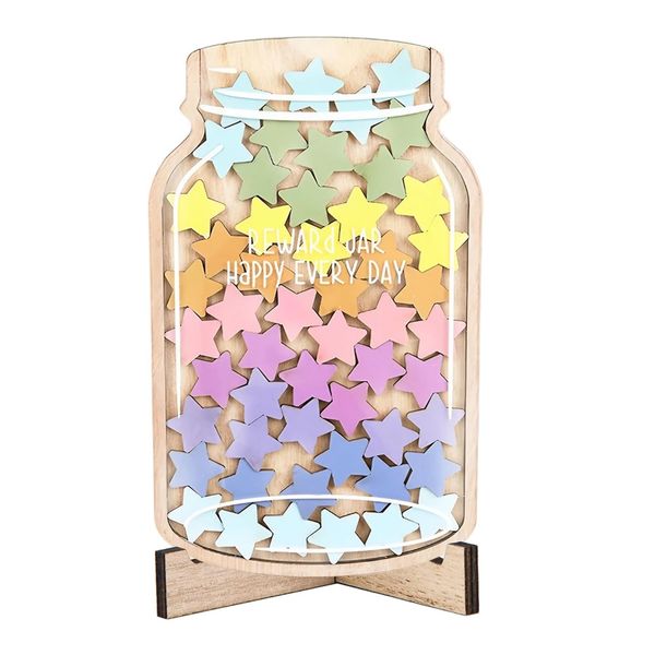 Toy School Wood Children Behaviour Reward Jar with Star Tokens (25cm)- 42pc