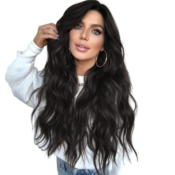 26 Inch Natural Black Wavy Long Curly Hair Wig Headband