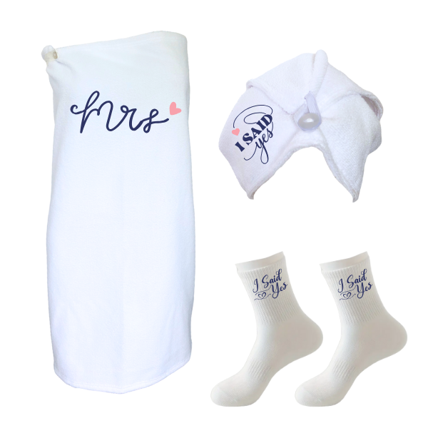 Wife/Wedding Gift-Wrap, Hair Towel&amp;Non-Slip Socks-Mrs &amp; Mr Navy