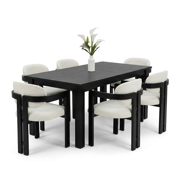 Modern 6-Seater Dining Set with Black Table and Cream Bouclé Chairs