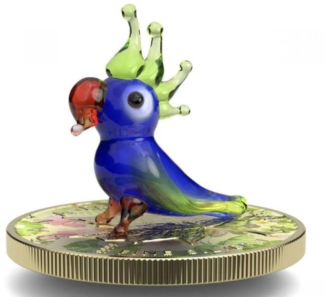 Murano Glass Series: Parrot Maple Leaf $5 (1oz) Silver Coin With Figurine