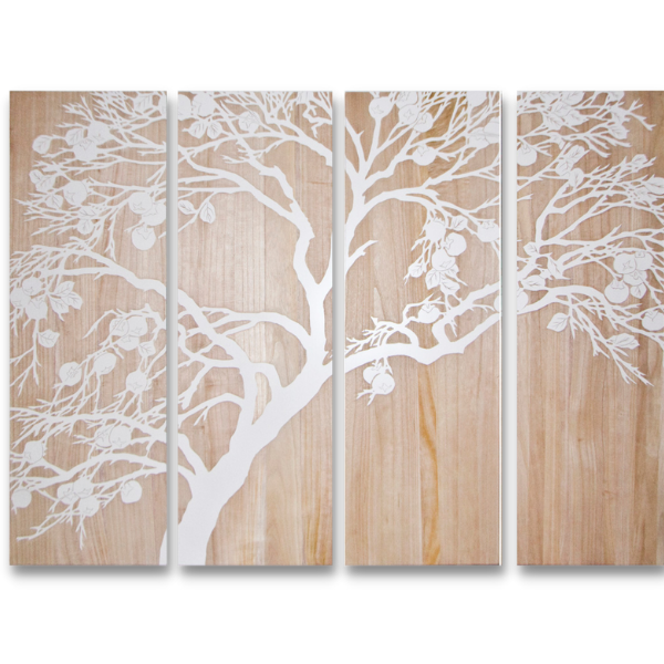 Delicately Carved Wood Art - Tree Natural - 4 Piece