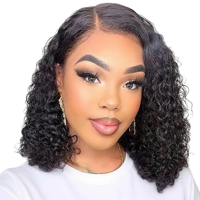 Geebuy 12Inch Brazilian Hair Full Frontal Wig-Water Curly Glueless Bob Wig