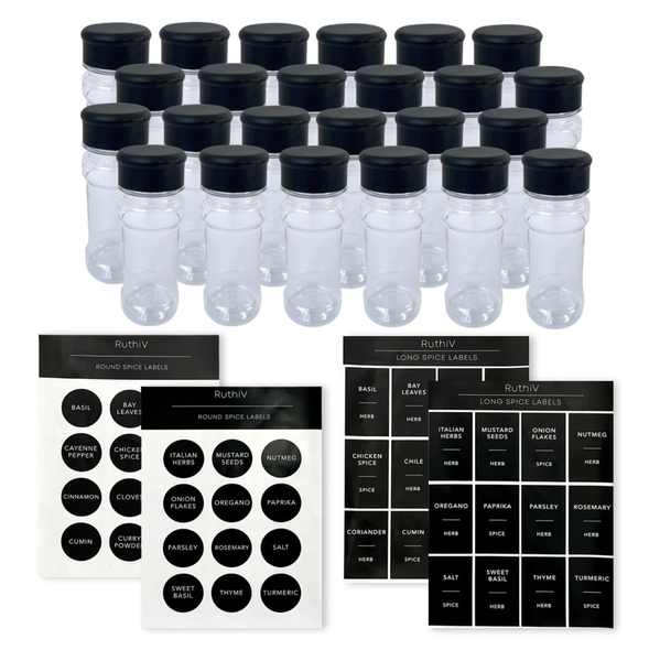 24 Spice Bottles and Pantry Labels -Black