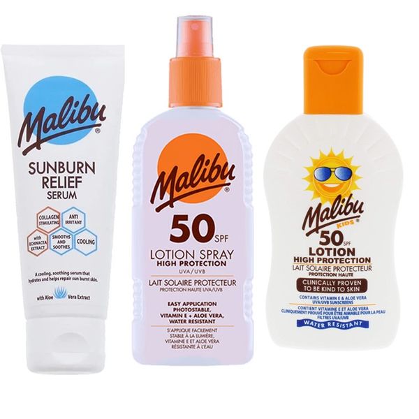 Malibu SPF 50 Lotion Spray, SPF 50 Kids Lotion , Sun relief Serum Bundle