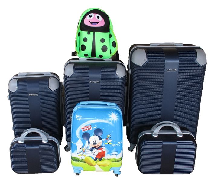 Family ABS Navy Luggage 5-Piece Set with Kids Mickey case and Green Ladybug Bag