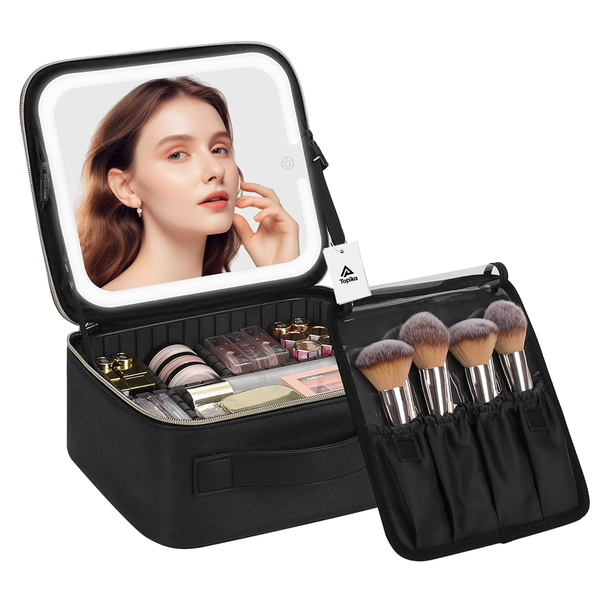 Topika Travel Makeup Bag with LED Mirror, 7 Compartments, Brush Bag