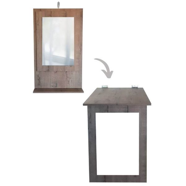 Fold Up Wall Mounted Desk &amp; Mirror 100x60cm - Rustic Wood