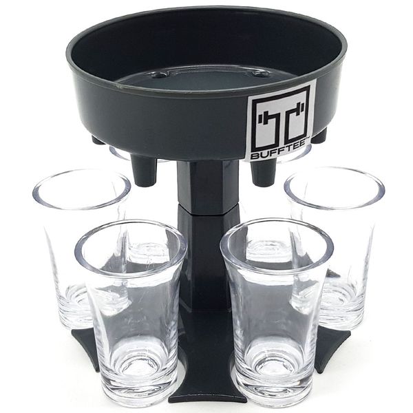 BUFFTEE 6 Shot Glass Drink Holder &amp; Dispenser Rack With 6 Tot Glasses
