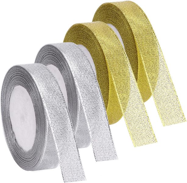 Gold/Silver Glitter Fabric Ribbon(4 Pack)