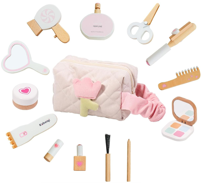 Children's Wooden Makeup Brush Set and Cosmetic Bag