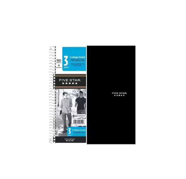 Five Star Wirebound Notebook, 3-Subject, College Ruled, 8-1/2 X 11, Black