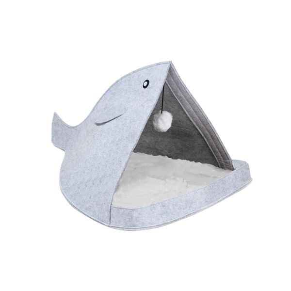 Foldable Felt Pet Bed House Shark Shape Soft Warm Cat Bed-Grey