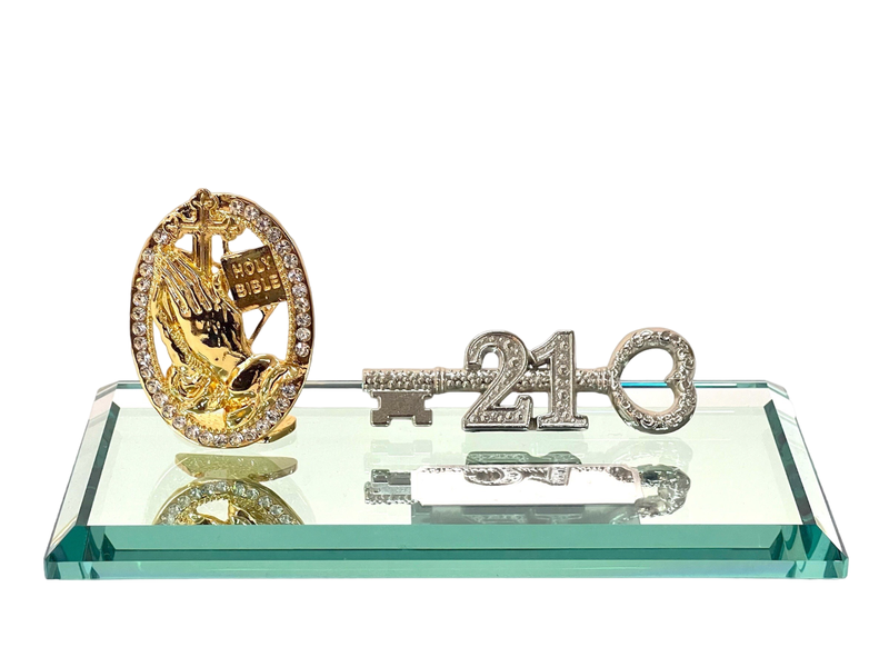 21st Key with Diamante Praying Hands on a Glass mirrorbase