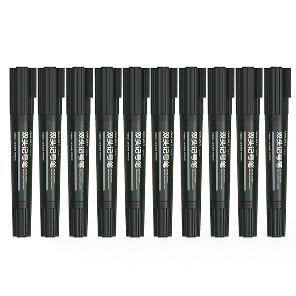Deli Black Permanent Markers - 10 Pack Dual Tip Waterproof (2.5mm &amp; 1.8mm)
