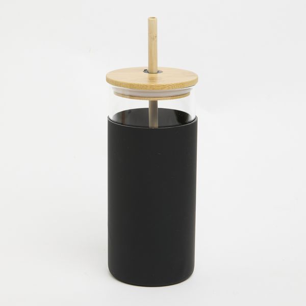 George &amp; Mason - Glass Bottle with Silicone Sleeve &amp; Straw - Black