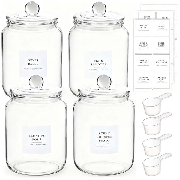 Glass Jars with Lids and Labels for Laundry Room Organization 4 Piece
