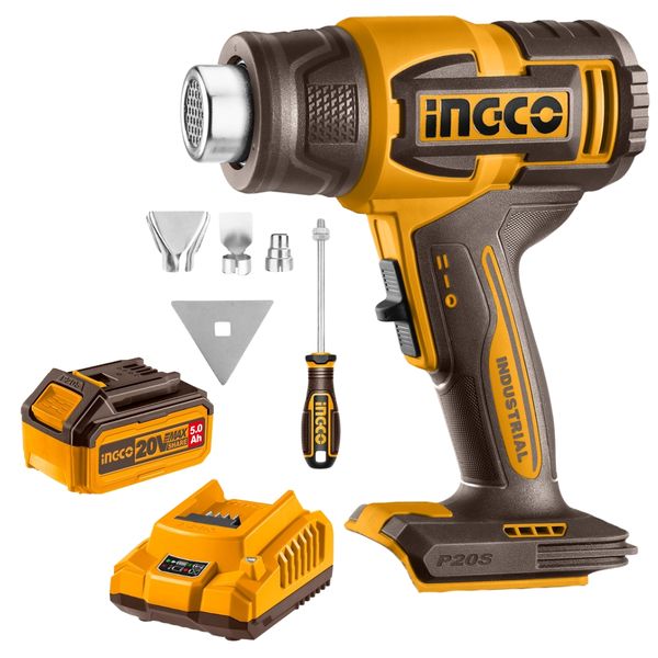 Ingco - Cordless Heat Gun incl Accessories with 5.0Ah Battery &amp; Charger