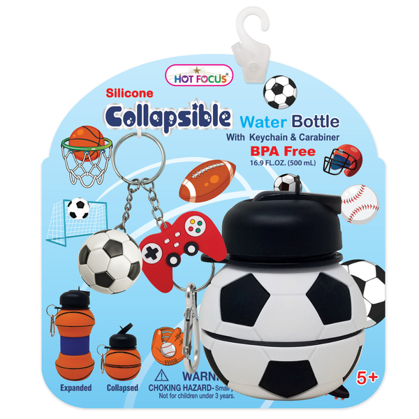 Hot Focus Sports Soccer Silicone Collapsible Water Bottle &amp; Keychain 550ml