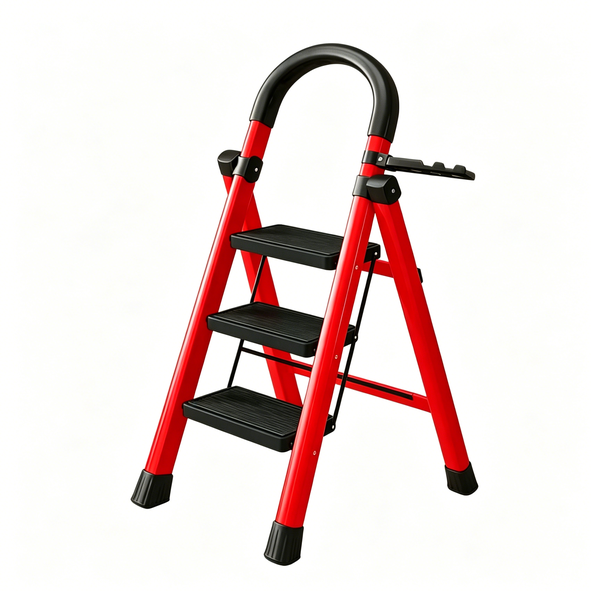 Red Foldable Stool Wide Non-Slip Rung Cushioned Handrail Duty Home Ladder