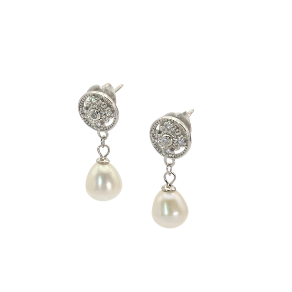 925 Sterling Silver Stud Earrings with Cubic Zirconia and Synthetic Pearls
