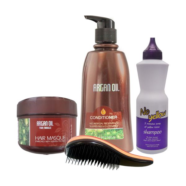 Argan Oil Conditioner &amp; Masque + No Yellow Shampoo 500ml + Detangling Brush