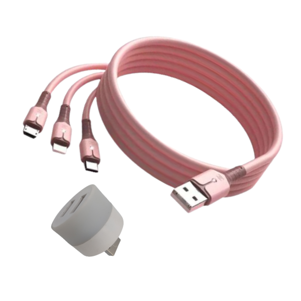 Multi Charging Cable Fast Charge 3- in -1 Pink Silicone with Lamp Plug
