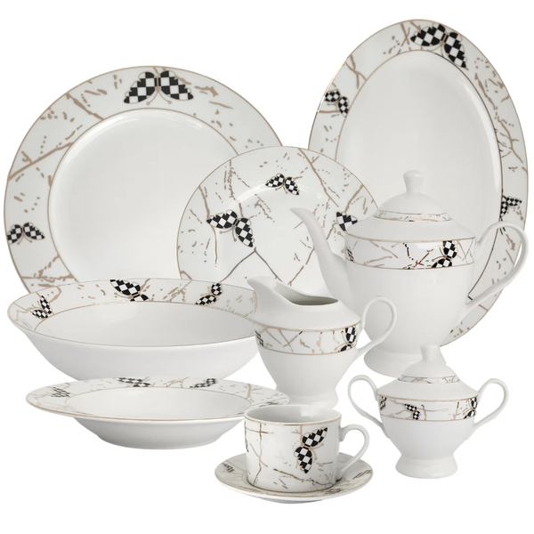 Dinnerware Set - White and Gold with Butterflies - 47 Piece Set