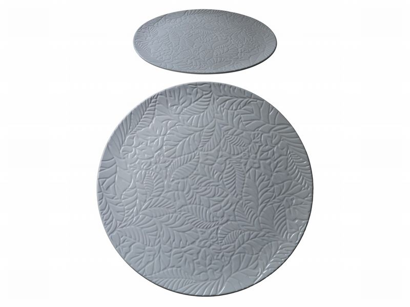 White Round Platter Embossed Leaf Design 33.5X33.5X1