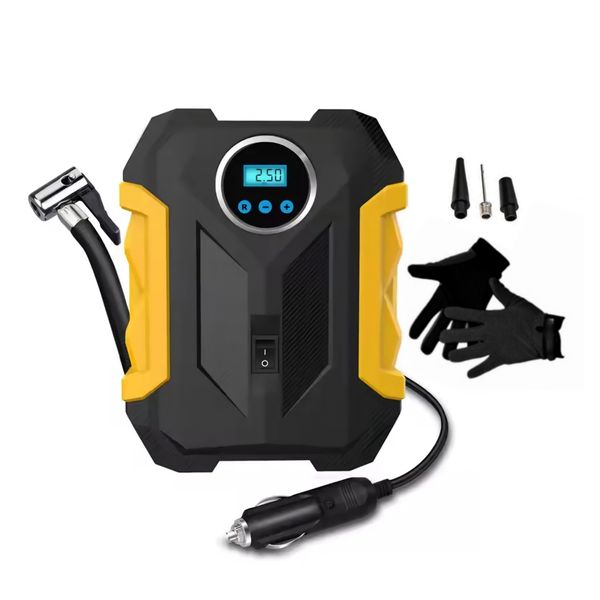 12V Digital Display Portable Car Air Pump With Valve Adaptors &amp; Work Gloves